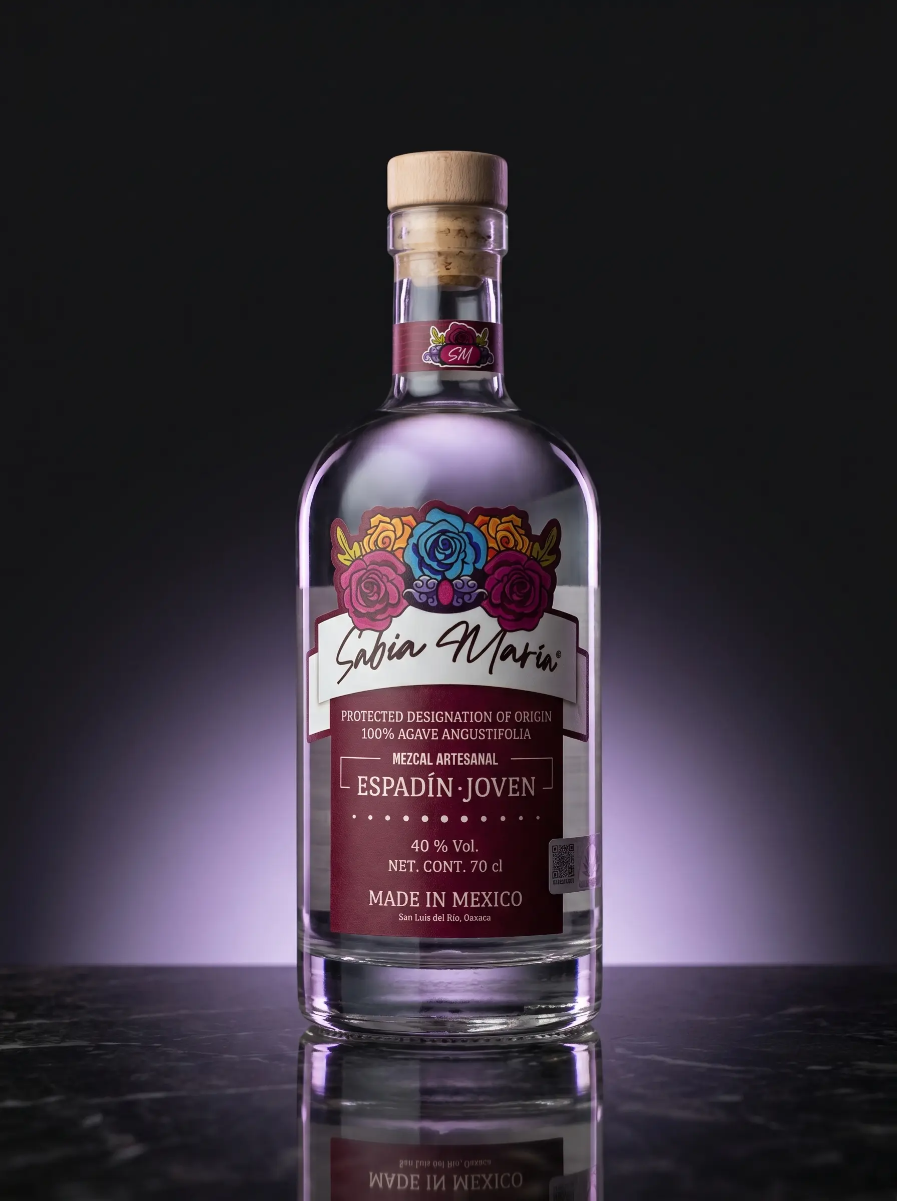 Sabia Maria Young Espadín mezcal bottle lit by a soft purple glow