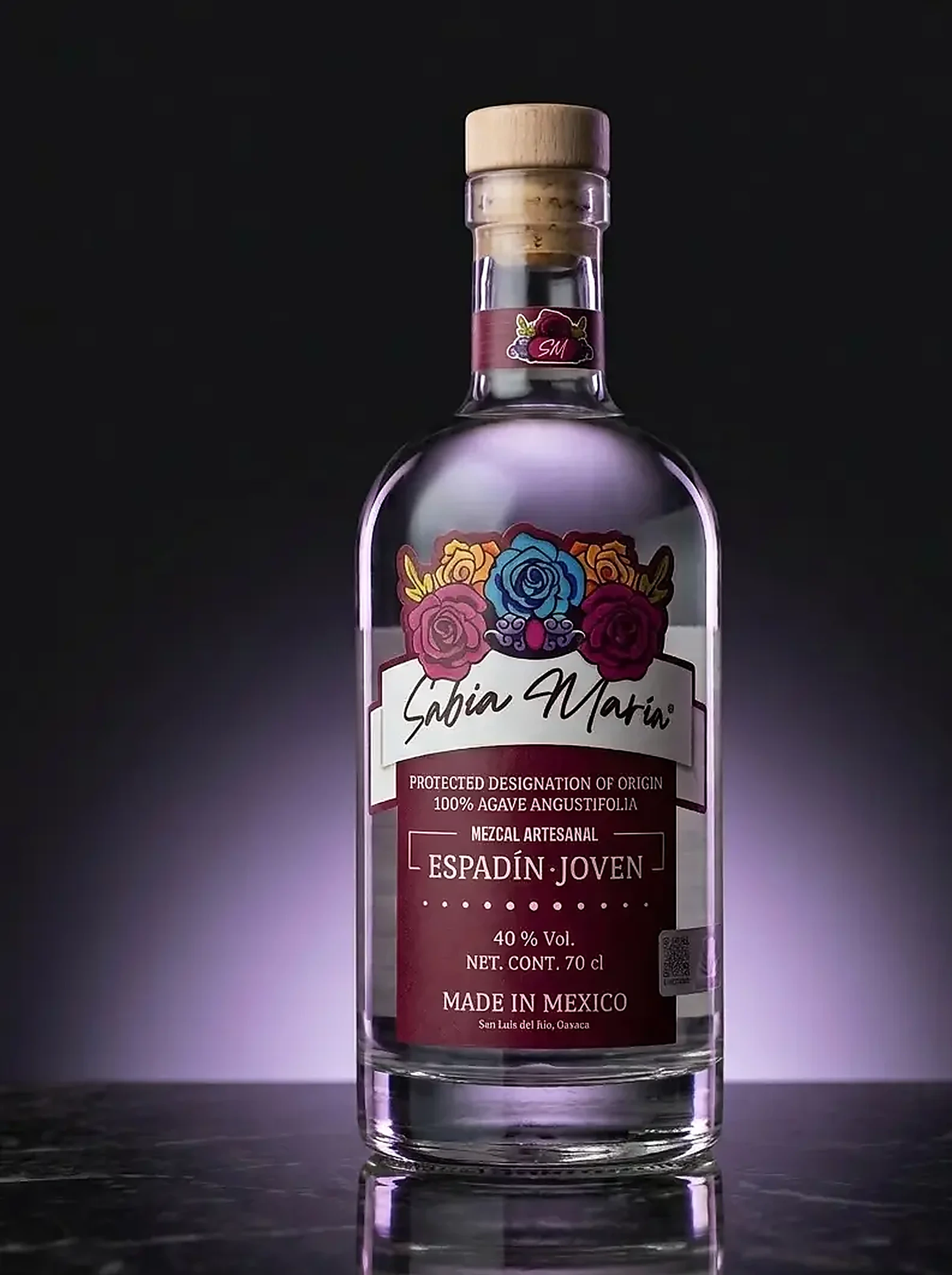 Sabia Maria Espadín Joven mezcal bottle lit by a soft purple glow against a dark aubergine backdrop